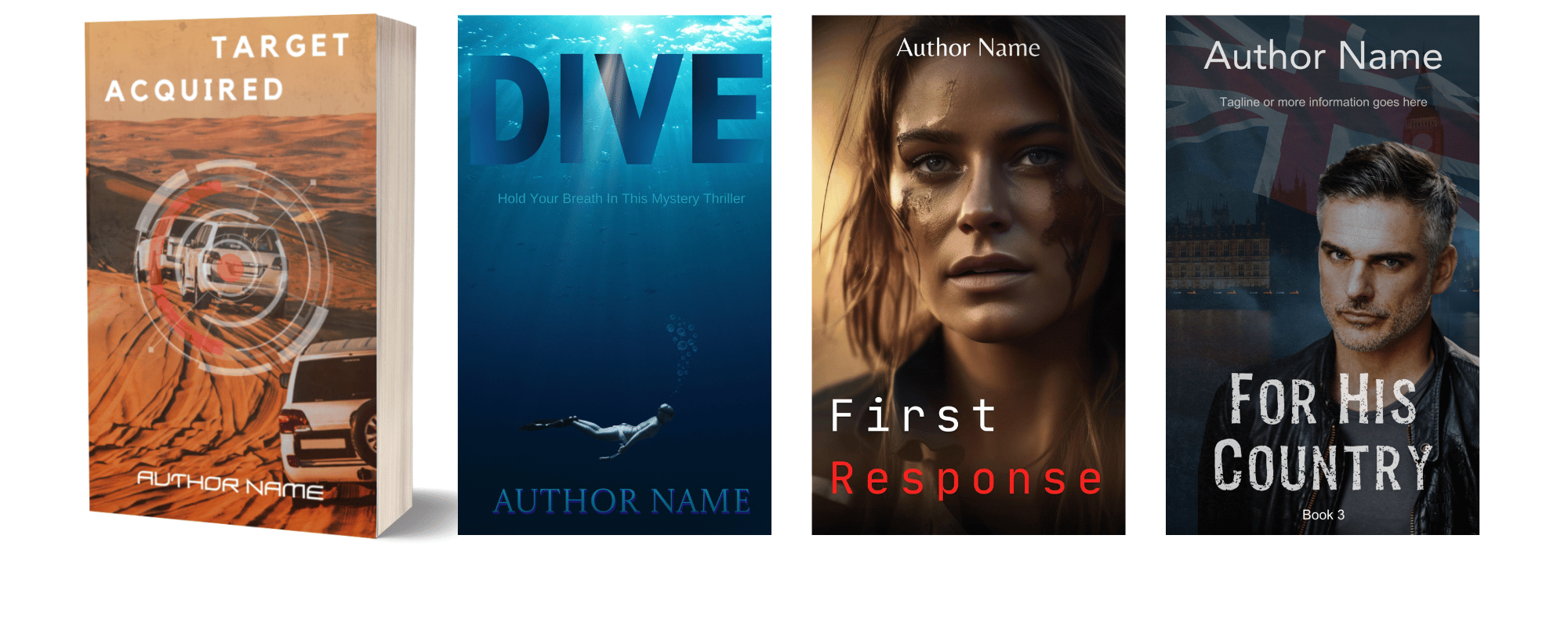 A collection of four book covers displayed side by side. The first cover shows a car driving on a sandy terrain. The second cover features a diver underwater. The third cover showcases a close-up of a serious-looking woman. The fourth cover portrays a serious man with a cityscape and flag in the background. BookSelf Book Cover Design & Premade Book Covers