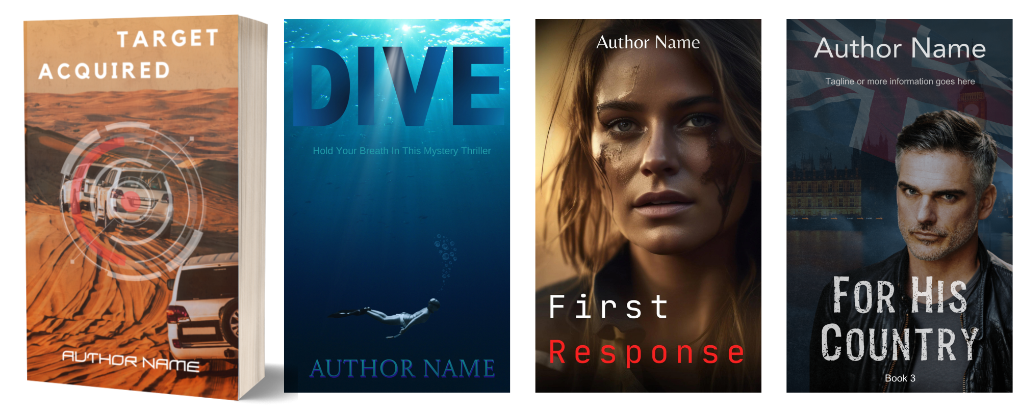 A collection of four book covers displayed side by side. The first cover shows a car driving on a sandy terrain. The second cover features a diver underwater. The third cover showcases a close-up of a serious-looking woman. The fourth cover portrays a serious man with a cityscape and flag in the background. BookSelf Book Cover Design & Premade Book Covers