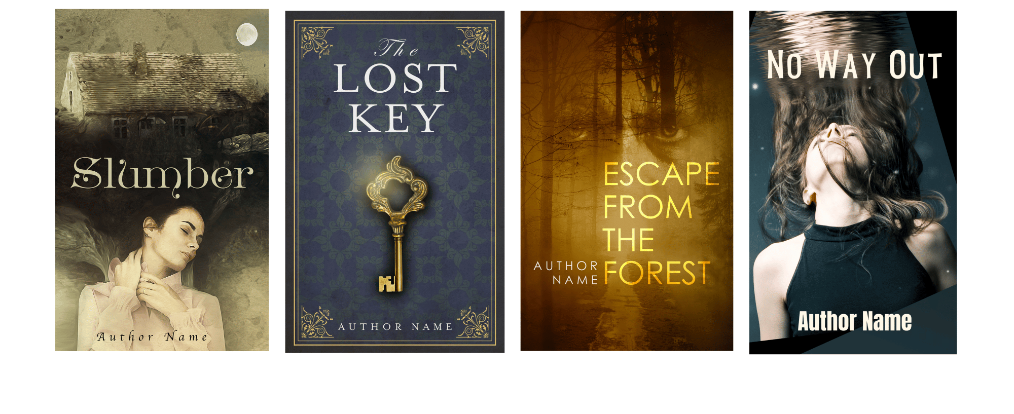 A book series comprised of four covers in a row. Titles from left to right: "Slumber" showing a pensive woman holding a key; "The Lost Key" depicting a golden key on a blue background; "Escape from the Forest" featuring a woman's intense gaze with forest imagery; "No Way Out" showing a woman submerged in water. Each cover includes "Author Name. BookSelf Book Cover Design & Premade Book Covers