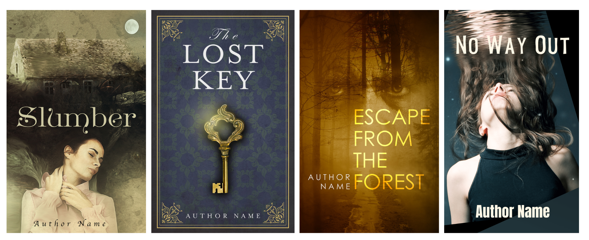A book series comprised of four covers in a row. Titles from left to right: "Slumber" showing a pensive woman holding a key; "The Lost Key" depicting a golden key on a blue background; "Escape from the Forest" featuring a woman's intense gaze with forest imagery; "No Way Out" showing a woman submerged in water. Each cover includes "Author Name. BookSelf Book Cover Design & Premade Book Covers
