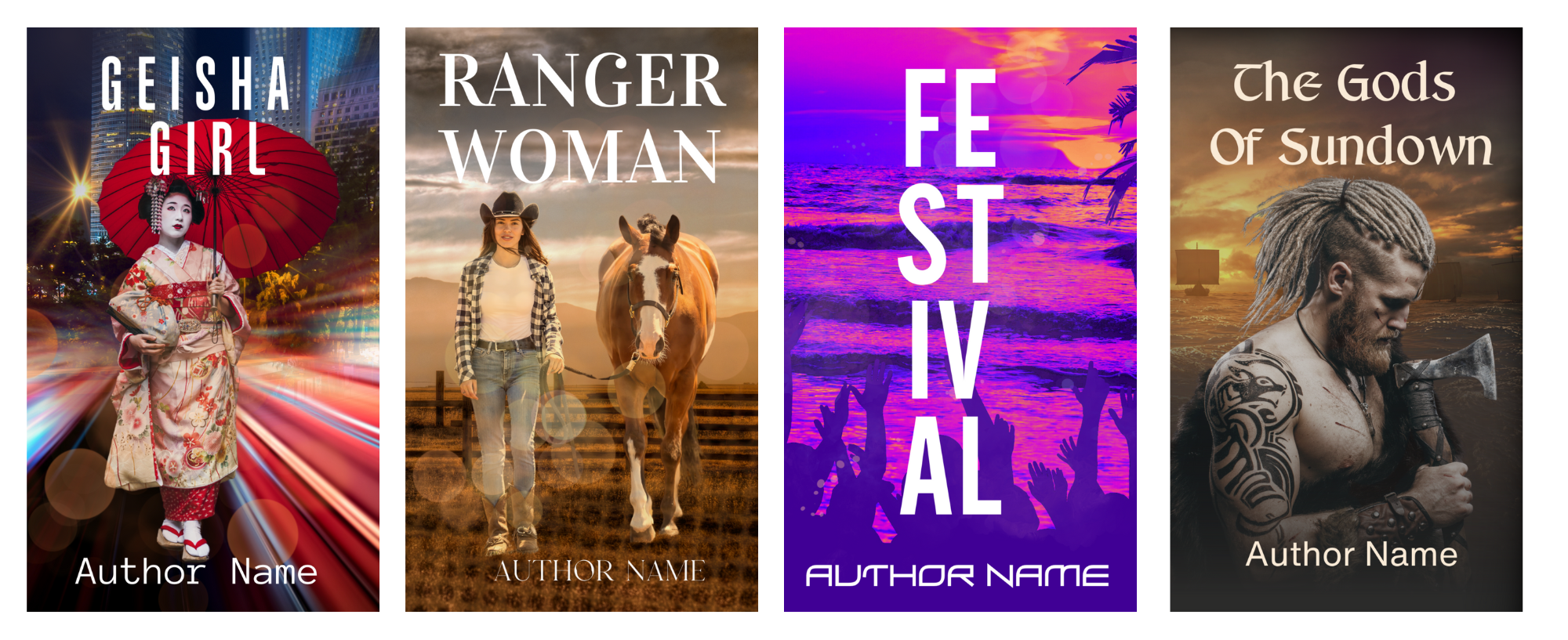 A set of four book covers. From left to right: 

1. "Geisha Girl" shows a woman in traditional Japanese attire. 
2. "Ranger Woman" depicts a woman in Western wear and a horse. 
3. "Festival" features bold letters over a vibrant sunset. 
4. "The Gods of Sundown" portrays a bearded warrior with an axe. 

All four list "Author Name. BookSelf Book Cover Design & Premade Book Covers