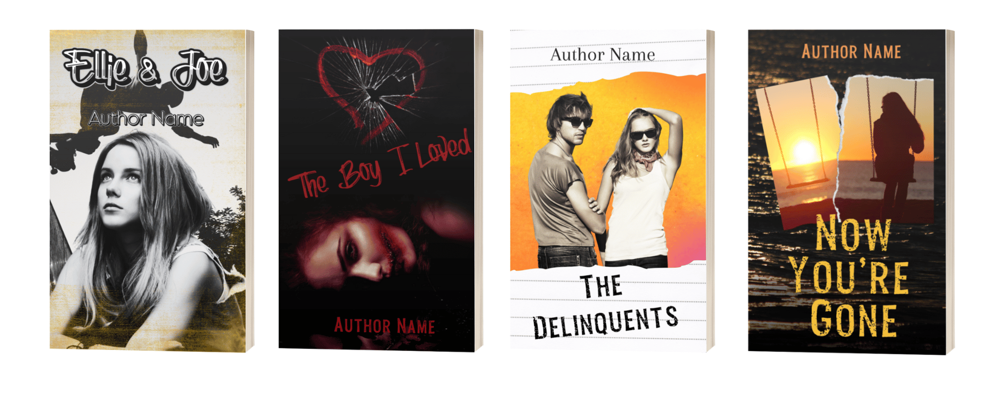 Four book covers are displayed in a row. The titles are: "Ellie & Joe" featuring a photo of a young woman, "The Boy I Loved" with a heart and girl's face, "The Delinquents" showing two people in sunglasses, and "Now You're Gone" depicting a person watching a sunset over water. BookSelf Book Cover Design & Premade Book Covers