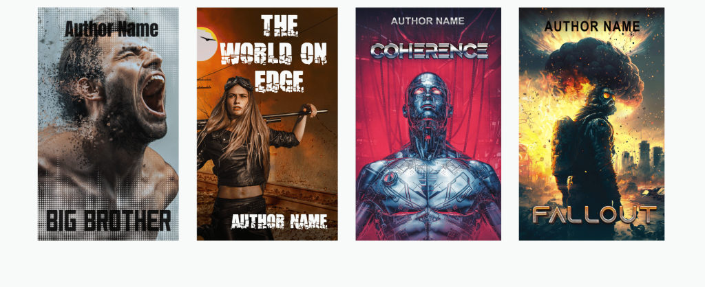 A set of four dystopian-style book covers. From left to right: 1. "Big Brother": A man screaming, facing upward with "Author Name" at the top. 2. "The World on Edge": A woman holding a bat, with "Author Name" below. 3. "Coherence": A futuristic male cyborg, "Author Name" at the top. 4. "Fallout": A person in a gas mask, amid explosions, "Author Name" at the top. BookSelf Book Cover Design & Premade Book Covers