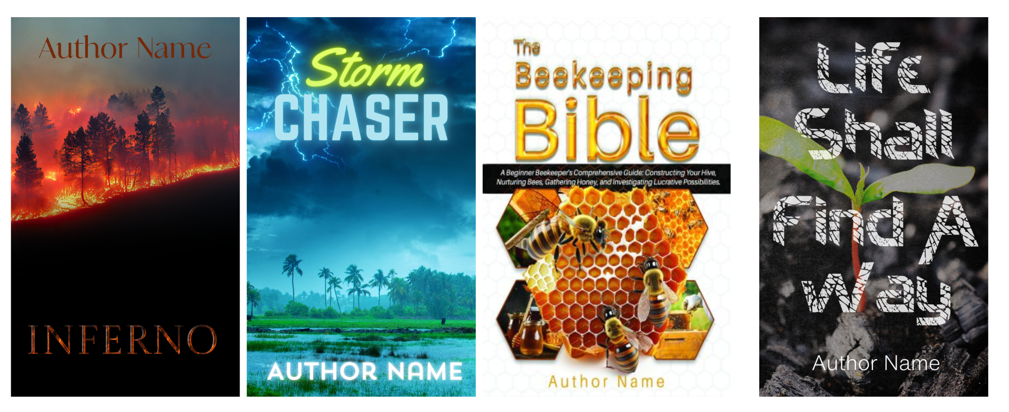 A series of four book covers. From left: "Inferno" features a forest fire, "Storm Chaser" depicts a stormy sky over fields, "The Beekeeping Bible" shows a honeycomb and bees, and "Life Shall Find A Way" displays a plant sprout growing in soil. Each cover includes an author's name. BookSelf Book Cover Design & Premade Book Covers