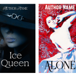 Four book covers in a horizontal row. The first shows a figure in a red cloak entering a dark space with the title "Darkness Falls." The second features a close-up of a woman in a hat titled "Ice Queen." The third depicts a woman in white and red grass with the title "Alone." The fourth shows a crow and a hand with the title "The Crow's Whisper." All show "Author Name. BookSelf Book Cover Design & Premade Book Covers