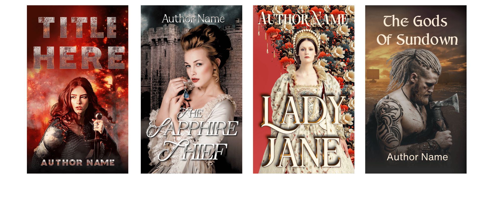 A collection of four book covers. The first features a woman with a gun in a fiery background. The second shows a woman in a white dress with a castle backdrop, titled "The Sapphire Thief." The third depicts a regal woman in an elaborate dress, titled "Lady Jane." The fourth shows a muscular man with long hair wielding an axe, titled "The Gods of Sundown. BookSelf Book Cover Design & Premade Book Covers