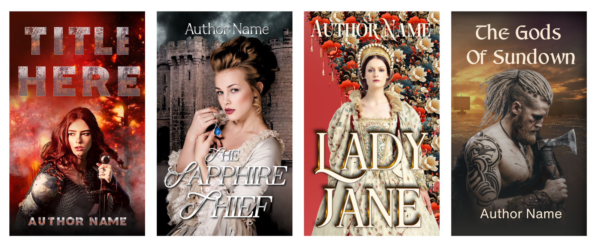 A collection of four book covers. The first features a woman with a gun in a fiery background. The second shows a woman in a white dress with a castle backdrop, titled "The Sapphire Thief." The third depicts a regal woman in an elaborate dress, titled "Lady Jane." The fourth shows a muscular man with long hair wielding an axe, titled "The Gods of Sundown. BookSelf Book Cover Design & Premade Book Covers