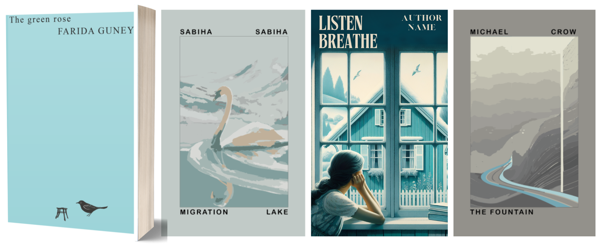 A group of four book covers. The first cover shows a bird and a stool on a light blue background. The second has a swan on a lake. The third depicts a person looking out a window at distant birds. The last features a stylized gray landscape with a winding road leading to a fountain in the distance. BookSelf Book Cover Design & Premade Book Covers