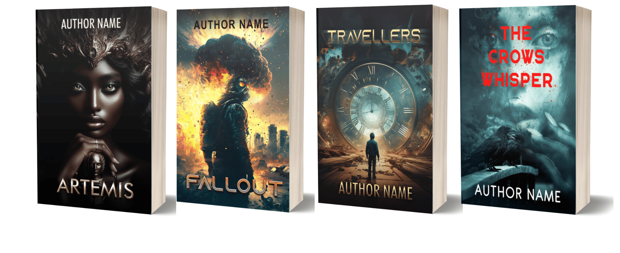 Four books are shown. From left to right: "Artemis" with a mystical woman in dark tones, "Fallout" showing a soldier with an explosion in the background, "Travellers" depicting a person standing before a clock, and "The Crows Whisper" with an eye and crows. Each book's author name is blank. BookSelf Book Cover Design & Premade Book Covers