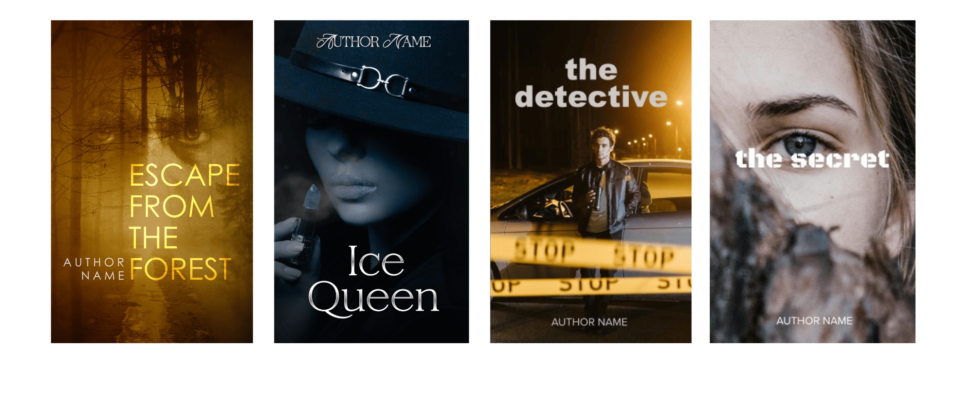 Four book covers are displayed. The first shows a foggy forest with “Escape from the Forest” in yellow text. The second features a mysterious person in a dark hat with “Ice Queen” in white text. The third displays a person by a car with “the detective” in white text. The fourth shows part of a face with “the secret” in white text. BookSelf Book Cover Design & Premade Book Covers