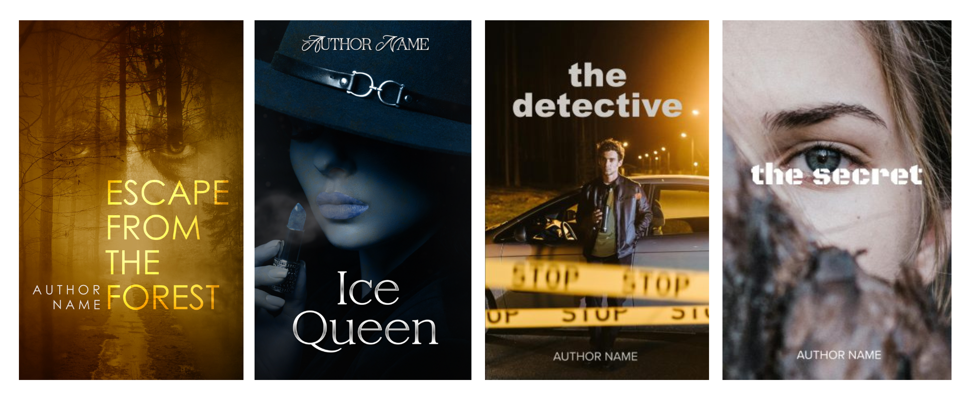 Four book covers are displayed. The first shows a foggy forest with “Escape from the Forest” in yellow text. The second features a mysterious person in a dark hat with “Ice Queen” in white text. The third displays a person by a car with “the detective” in white text. The fourth shows part of a face with “the secret” in white text. BookSelf Book Cover Design & Premade Book Covers