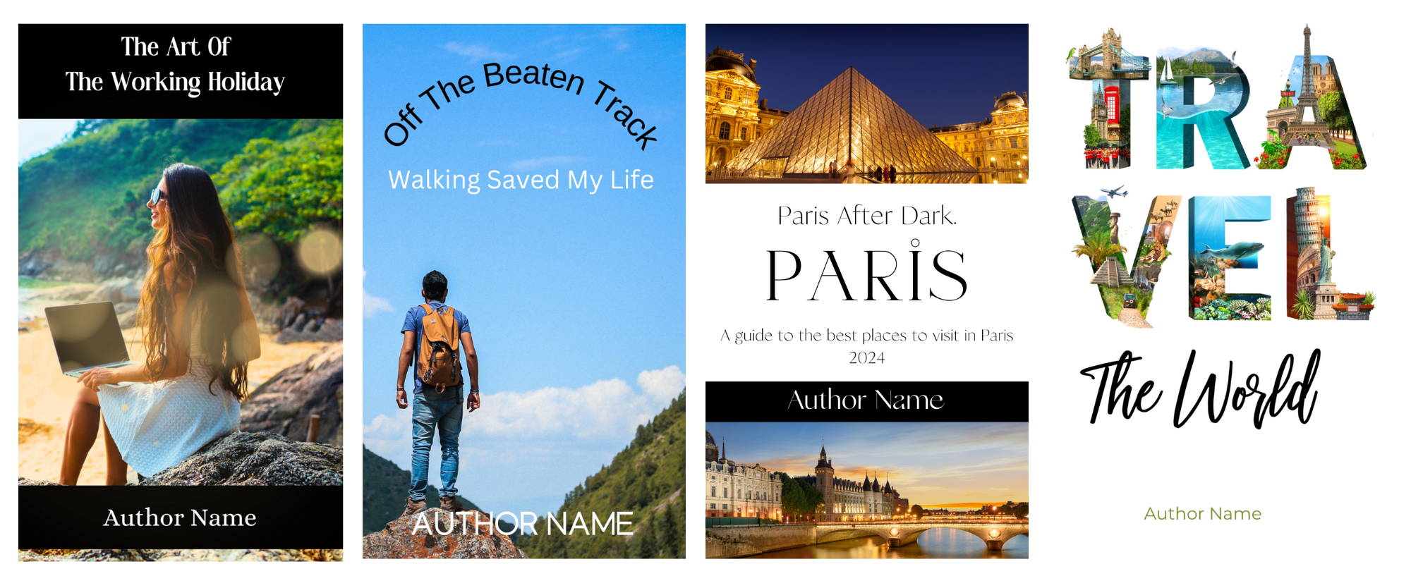 A collage of five book cover images related to travel. Titles include "The Art Of The Working Holiday," "Off The Beaten Track," "Paris After Dark," and "Travel The World." Each cover features travel-themed images such as a woman on a beach, a hiker, the Eiffel Tower, and scenic landscapes. BookSelf Book Cover Design & Premade Book Covers