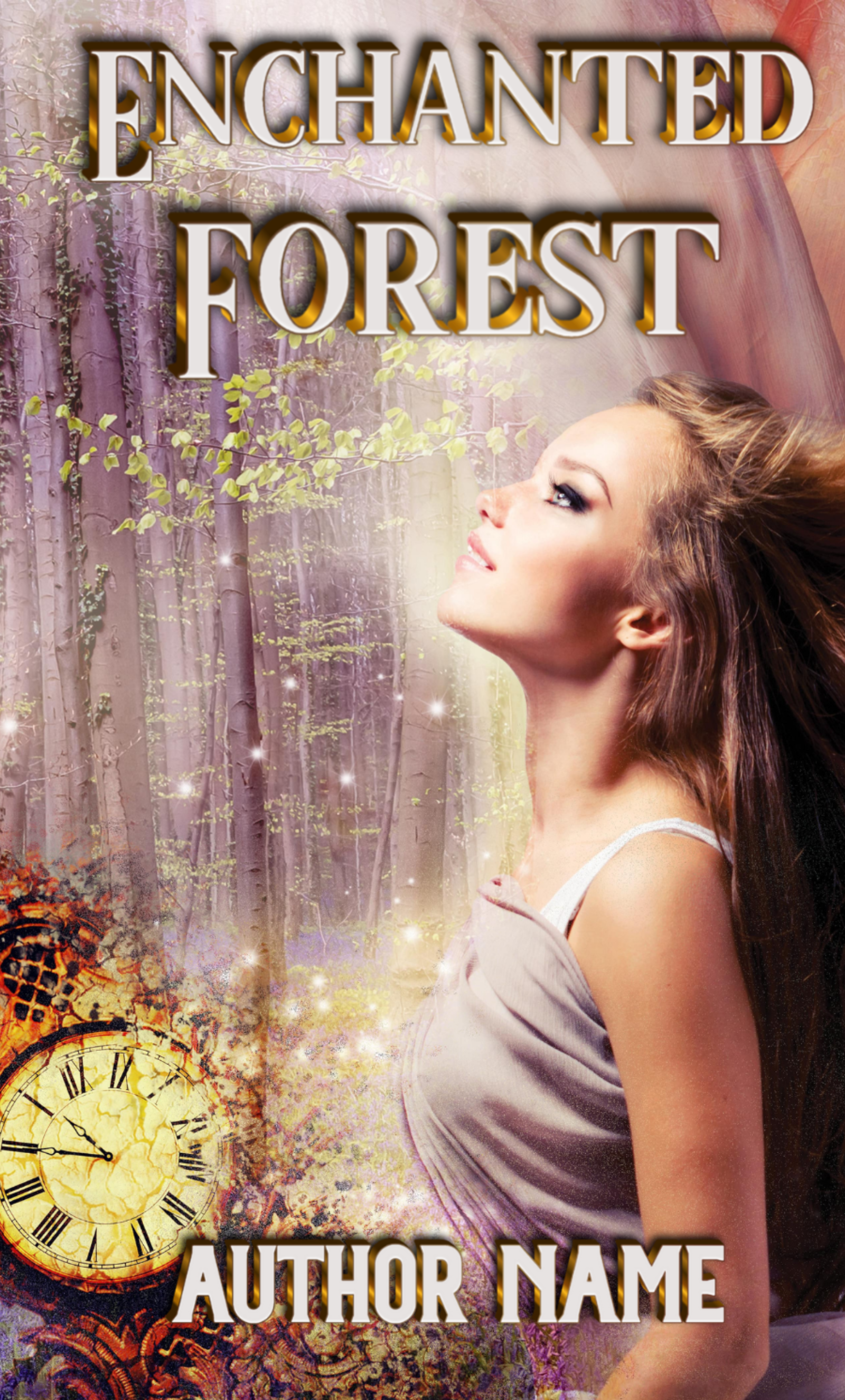 Book cover featuring a woman in profile with long hair, looking upwards amidst a mystical forest scene. The background shows tall, ethereal trees with a sparkling, magical aura. A large, ornate clock with Roman numerals is at the bottom left. The title "Enchanted Forest" and "Karen Barnett" are in bold gold letters. BookSelf Book Cover Design & Premade Book Covers