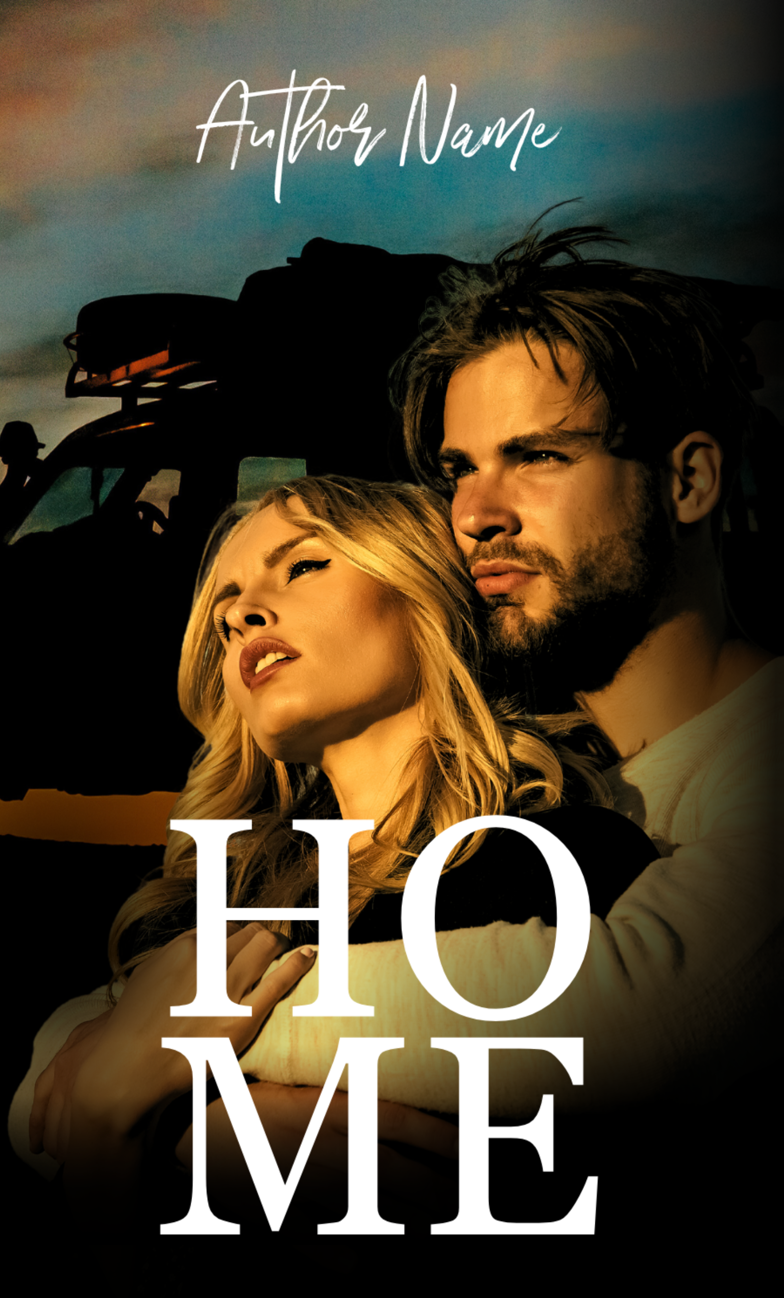 A romantic book cover titled "HOME" by Karen Barnett showing a couple embracing at sunset. The woman, with blonde hair, leans against the man, who has dark hair and a beard. In the background, there is a silhouette of an off-road vehicle. The author's name is written at the top in cursive. BookSelf Book Cover Design & Premade Book Covers