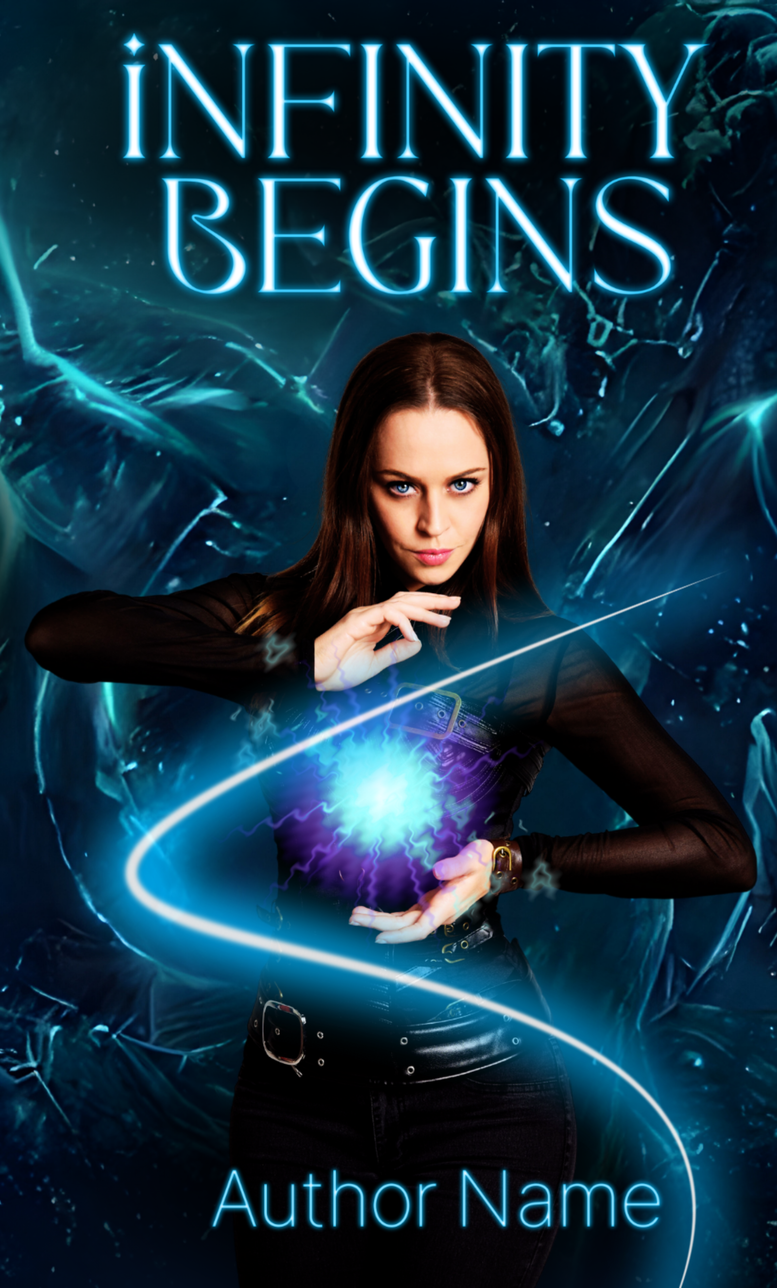 A dramatic book cover titled "Infinity Begins" by Karen Barnett features a woman in a black outfit holding a glowing blue orb with electric energy swirling around it. Her intense expression is illuminated by the light, and the background is a dynamic design of dark blues and blacks. The author's name is at the bottom. BookSelf Book Cover Design & Premade Book Covers