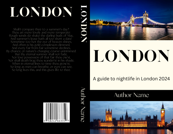 Book cover featuring "LONDON" in bold text. Top right shows a nighttime view of Tower Bridge illuminated, while the bottom right displays the Houses of Parliament at night. The spine and back cover repeat "LONDON." The back has a bar code and text beginning with "Shall I compare thee to a summer's day?" Smart Kid: Premade Book Cover (Copy) included. BookSelf Book Cover Design & Premade Book Covers