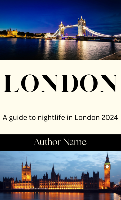 A Smart Kid: Premade Book Cover (Copy) for "London: A guide to nightlife in London 2024" with night views of Tower Bridge at the top and the Houses of Parliament at the bottom, bathed in colorful lights reflecting off the River Thames. "Author Name" is smartly written in the middle. BookSelf Book Cover Design & Premade Book Covers