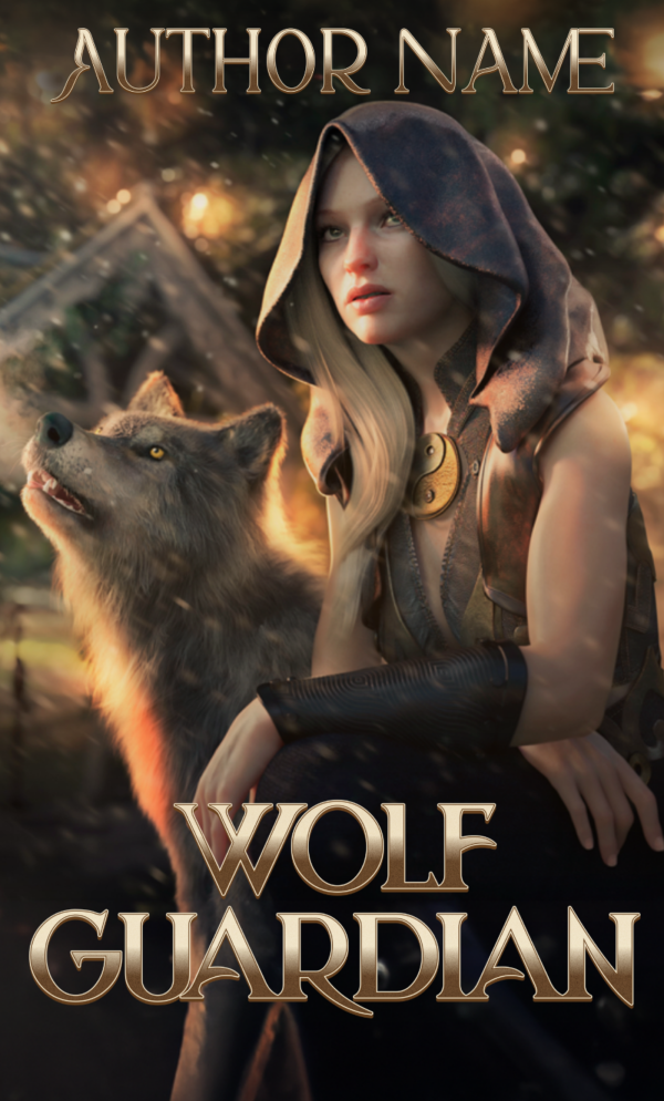 A blonde woman in medieval attire with a leather hood and arm guard stands beside a grey wolf. They are set against a forest backdrop with shafts of sunlight. The Premade Book Cover: Wolf Guardian features the title "Wolf Guardian" in bold, gold letters at the bottom and "Author Name" at the top in the same style. BookSelf Book Cover Design & Premade Book Covers