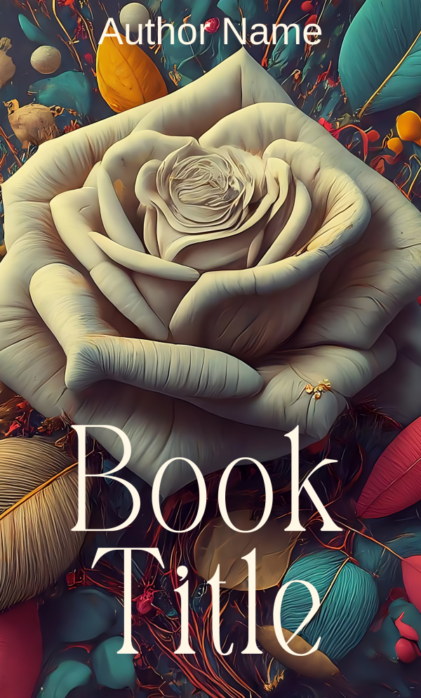 A surreal premade book cover, titled "Premade Book Cover: White Rose Illustrated Botanical," features a large, white rose at the center, surrounded by vibrant, colorful elements like feathers, leaves, and abstract shapes. The title "Book Title" is prominently displayed at the bottom, with "Author Name" at the top. The background has a dreamlike, otherworldly feel. BookSelf Book Cover Design & Premade Book Covers