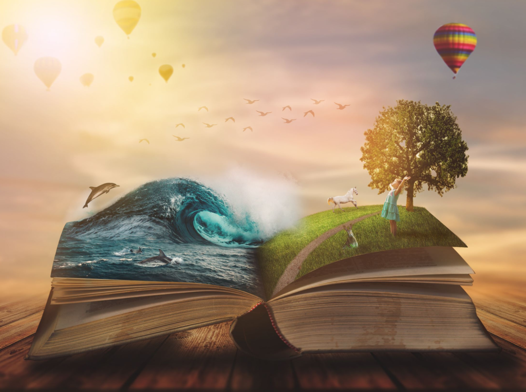 An open book, perfect for premade book covers, transforms into a whimsical scene. On the left page, a large ocean wave with dolphins. On the right, a grassy hill with a girl, a unicorn, and a tree. Hot air balloons, birds, and a sunrise fill the sky. Sunlight bathes the surreal landscape, blending fantasy with reality. BookSelf Book Cover Design & Premade Book Covers