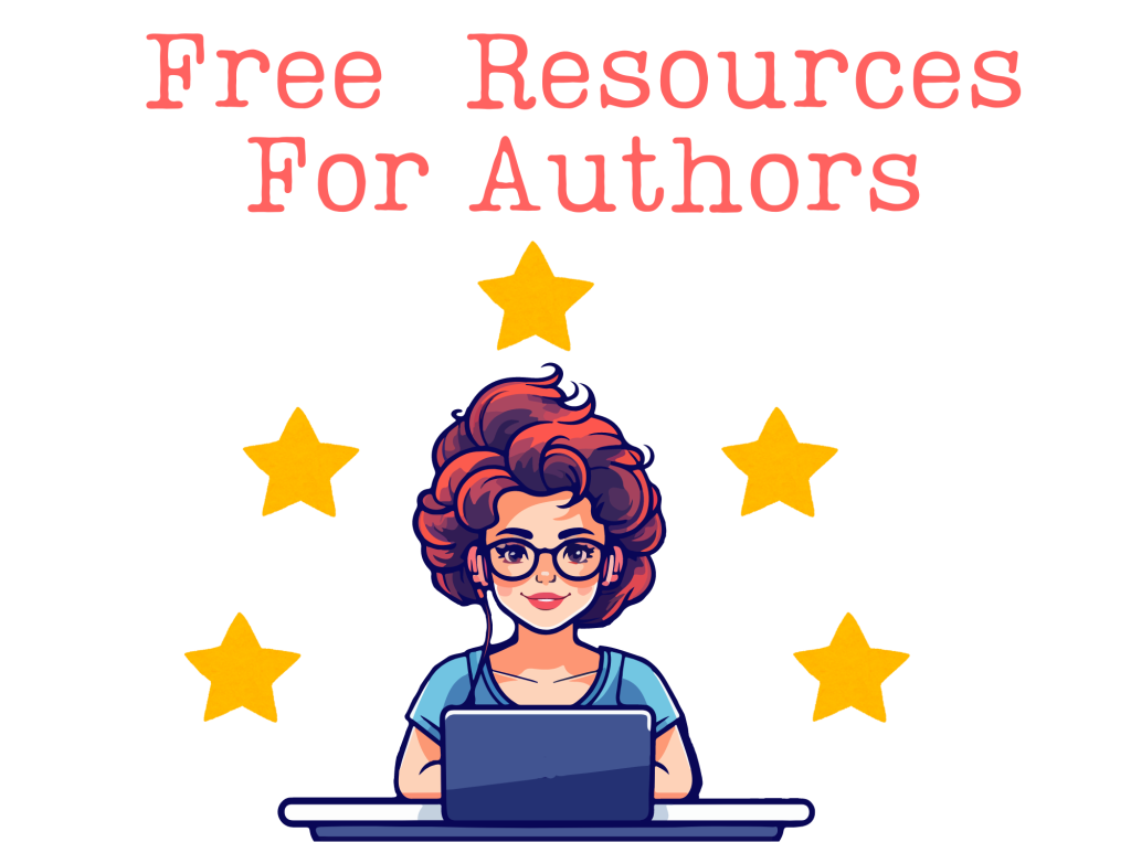 An illustration of a person with curly red hair and glasses, sitting at a table with a laptop. They are surrounded by five gold stars. The text above reads "Free Resources For Authors" in red. The background features black and white horizontal stripes, perfect for showcasing self-publishing services. BookSelf Book Cover Design & Premade Book Covers