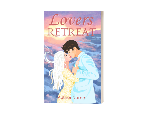 The Right Place Right Time: Premade Book Cover (Copy) shows a couple embracing. The woman has long white hair and wears a patterned yellow dress, while the man has dark hair and wears a light blue suit. They stand against a dreamy backdrop of pink and purple clouds. The author's name is at the bottom. BookSelf Book Cover Design & Premade Book Covers