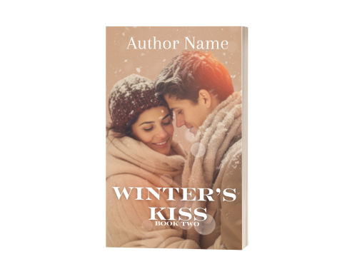 A Lovers Retreat: Premade Book Cover (Copy) titled "Winter's Kiss Book Two" features a couple wrapped in warm clothing, touching foreheads and smiling amidst falling snow. The woman wears a knitted hat, the man a scarf. The author’s name is elegantly written at the top in white text. BookSelf Book Cover Design & Premade Book Covers