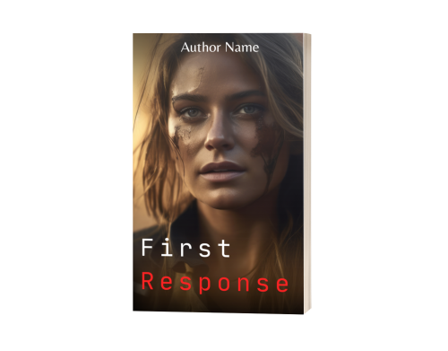 A book cover titled "First Response" features a close-up of a determined-looking woman with windswept hair and dirt on her face. She gazes intently forward. The title's text is in white and red, while "Author Name" appears at the top in white. The dark, moody background adds drama to this Dream Lover: Premade Book Cover (Copy). BookSelf Book Cover Design & Premade Book Covers