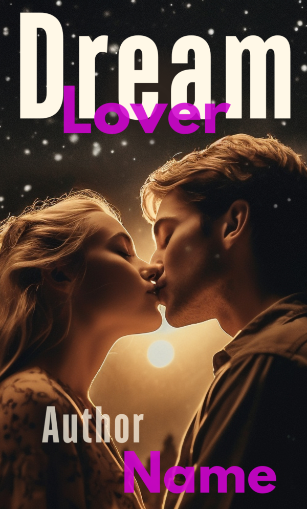 A romantic book cover titled "Winter's Kiss: Premade Book Cover (Copy)" features a man and woman kissing passionately against a starry night sky. The title is written in bold white and pink letters at the top, while the words "Author Name" appear in matching colors at the bottom. BookSelf Book Cover Design & Premade Book Covers