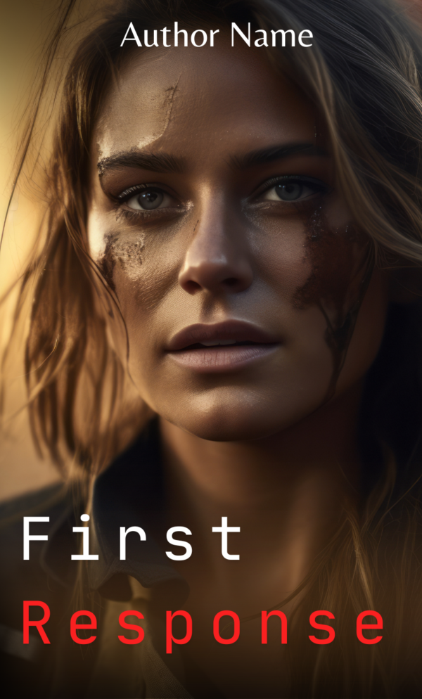 A close-up of a woman's face with dirt and scratches, set against a slightly blurred background. She has long, windswept hair, intense eyes, and is wearing a serious expression. The text "Author Name" appears at the top, with "First Response" in large, bold white and red letters at the bottom—a Dream Lover: Premade Book Cover (Copy) design. BookSelf Book Cover Design & Premade Book Covers