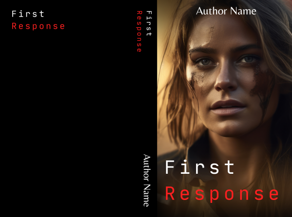 Dream Lover: Premade Book Cover (Copy) for "First Response: Dream Lover" by "Author Name". The front cover features a close-up of a woman with a determined expression and light scars on her face. "First Response" appears in white and red letters. The spine and back cover are black with the title and author's name in white and red text. BookSelf Book Cover Design & Premade Book Covers