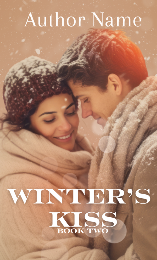 A couple, warmly dressed in winter clothing and covered in snowflakes, stand forehead to forehead, smiling and closing their eyes. The woman wears a knitted hat and scarf, while the man has a warmly wrapped coat. "Author Name" appears at the top, with "WINTER'S KISS BOOK TWO" below. Lovers Retreat: Premade Book Cover (Copy). BookSelf Book Cover Design & Premade Book Covers