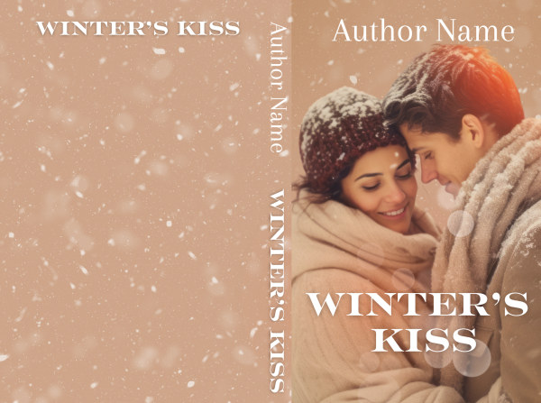 Lovers Retreat: Premade Book Cover (Copy) of "Winter's Kiss". A couple in winter clothing embraces in the snow, smiling warmly. The woman, wearing a beige scarf and knitted hat, leans into the man's chest, both sprinkled with snow. Titled and authored on front and spine, this is part of the Lovers Retreat: Premade Book Cover series. BookSelf Book Cover Design & Premade Book Covers